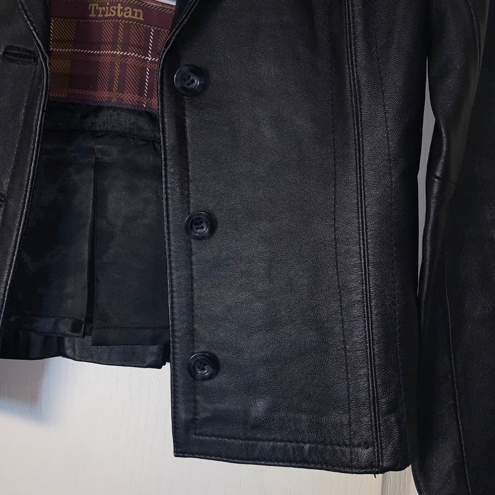 Vintage Tristan & Iseult Genuine Leather Jacket XS Black Fitted Lined Statement - Picture 9 of 16